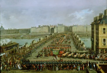 De keizerlijke processie keert terug naar Notre Dame voor de heilige ceremonie van 2 december 1804, over de Pont-Neuf